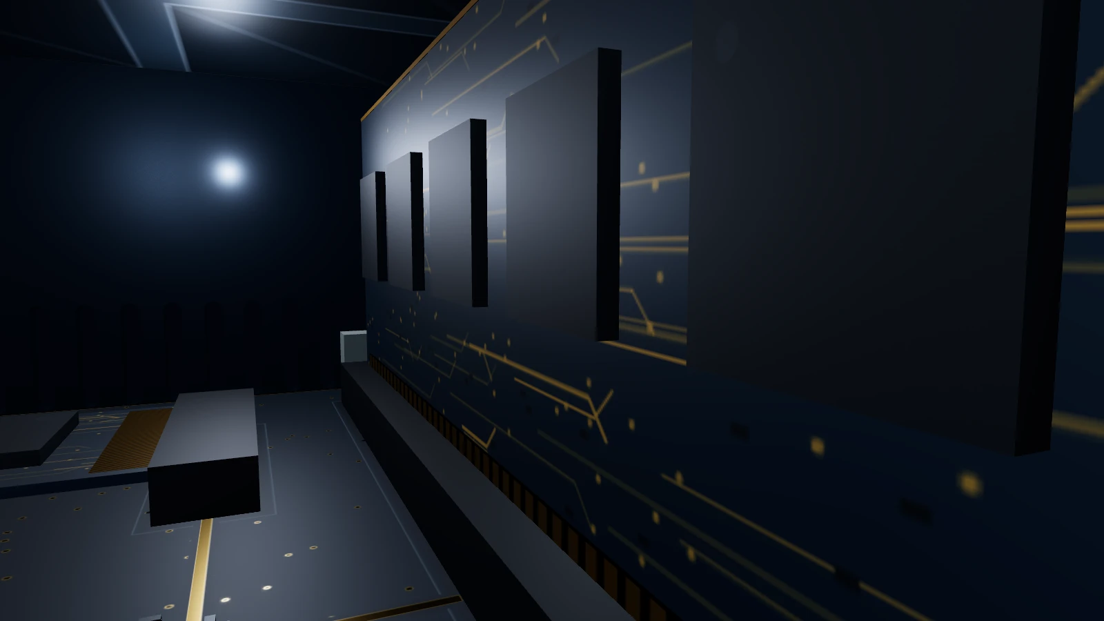 Conceptual interior: two memory modules standing on a navy circuit board with gold traces.