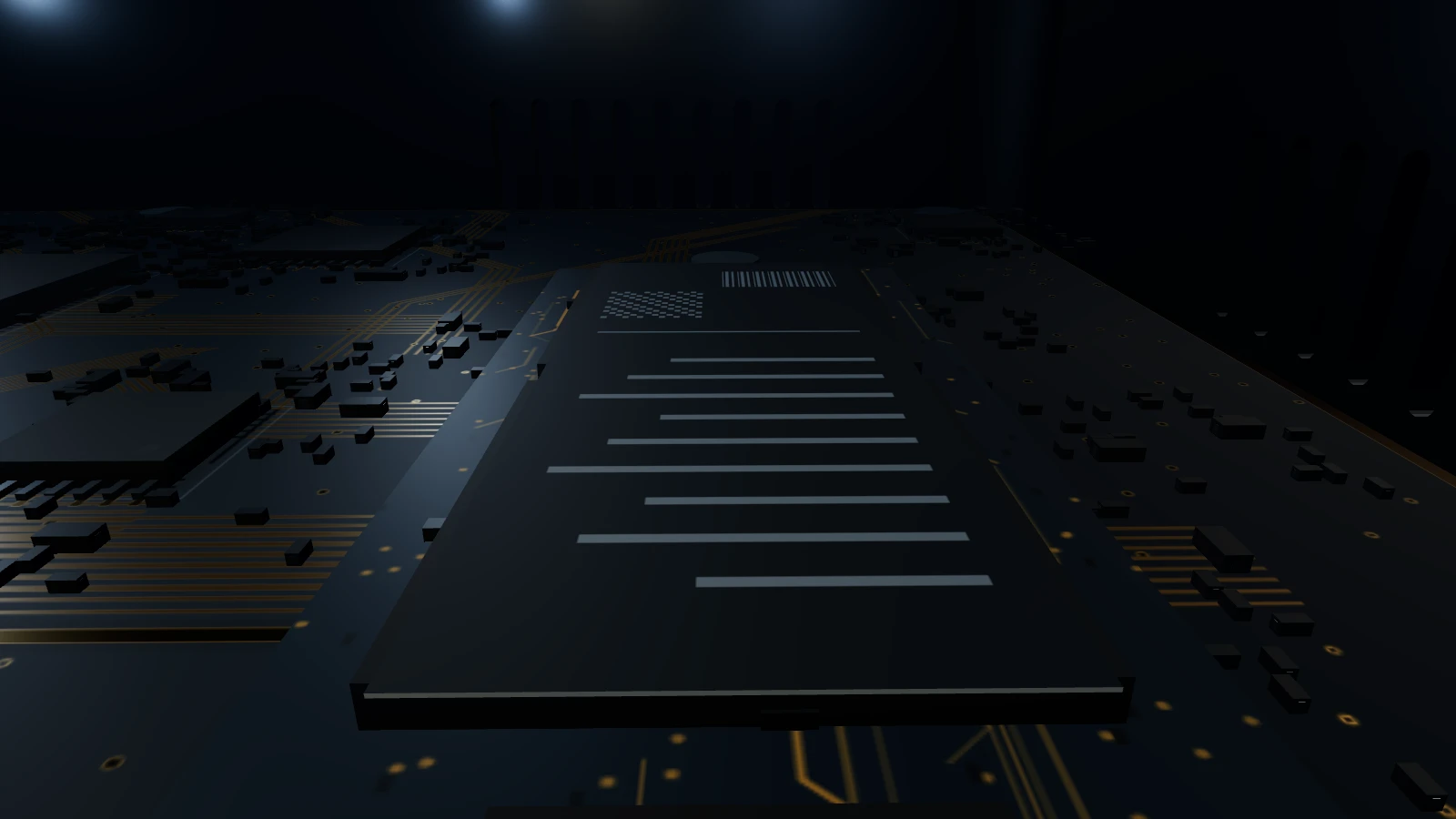 Conceptual interior: a storage module lying flat on the circuit board.