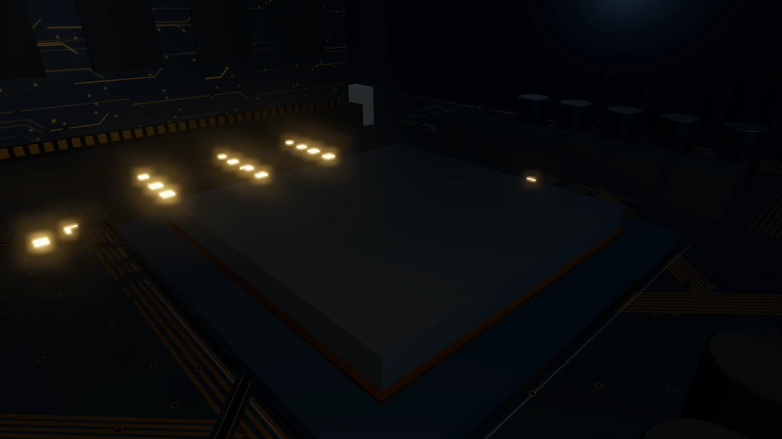 Conceptual interior: small points of gold light travel along the board toward the processor.